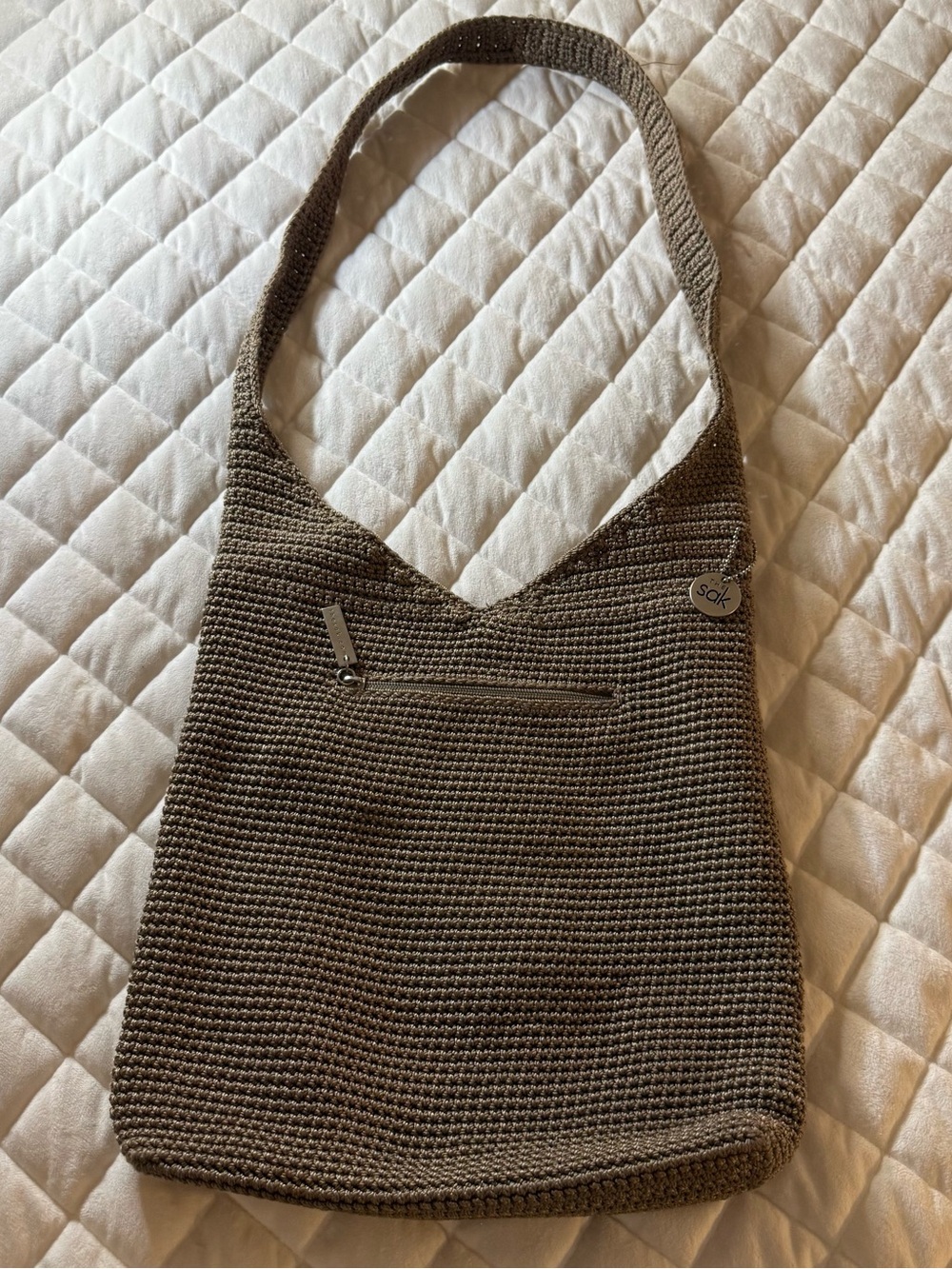 The Sak Vintage Crochet Hobo Bag Taupe Brown Knit Shoulder Purse Boho